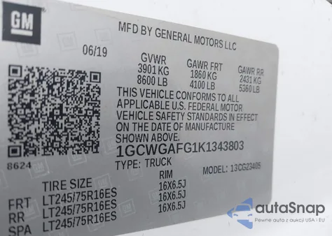 2019 Chevrolet Express 2500 Work Van z USA, uszkodzony, nr VIN 1GCWGAFG1K1343803